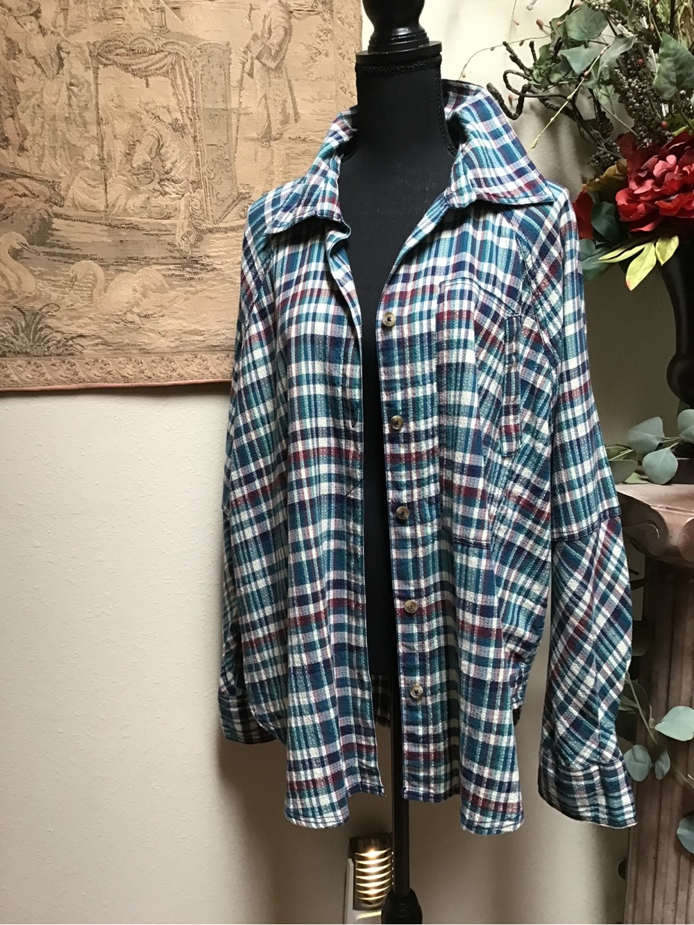 We the Free Teal, White & Burgundy Plaid Shirt Jacket